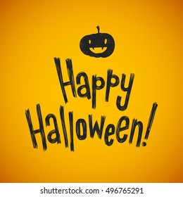 Happy Halloween Vector Illustration. Pumpkin Head with Hand Lettering Text. Orange Background.