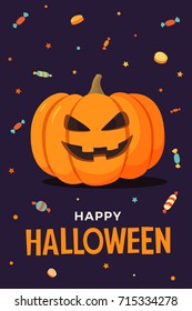 Happy Halloween. Vector illustration pumpkin with smiling face on dark background, candy and lollipops. Template for design of flyers, posters, greeting cards and banners.