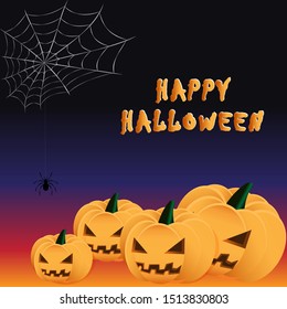 Happy Halloween. Vector illustration with pumpkins, cobwebs and spider.