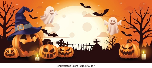 Feliz Halloween. Ilustración vectorial de Halloween con calabazas de halloween y elementos de halloween.
