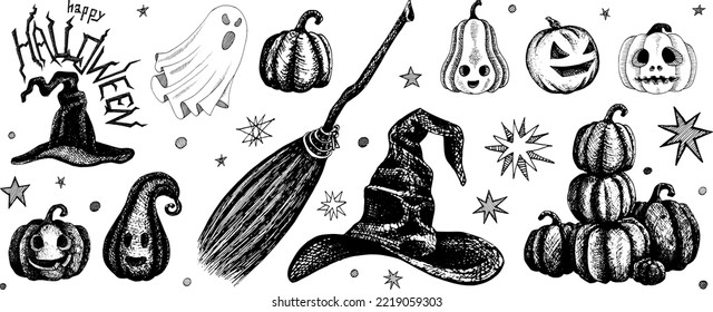 Happy Halloween vector illustration: pumpkins  witch hats  broom  ghost   Happy Halloween calligraphic inscription  Hand drawing