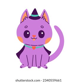 Happy Halloween. Vector illustration of purple cat in witch hat and cloak in trendy colors for postcard, flyer, banner