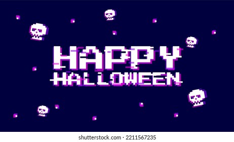 Feliz ilustración vectorial de halloween. Fondo violeta rico con texto de halloween y calaveras en estilo de error glich. Banner de plantilla para sitio web, afiche o flujo.