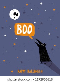 Happy Halloween Vector Illustration. Scared White Full Moon and Yowling Black Wofl. Infantile Abstract Style. Dark Blue Grunge BackGround. Orange Speech BuBble with White Boo Text. Starry Night Sky.