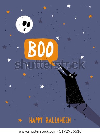 Happy Halloween Vector Illustration. Scared White Full Moon and Yowling Black Wofl. Infantile Abstract Style. Dark Blue Grunge BackGround. Orange Speech BuBble with White Boo Text. Starry Night Sky.