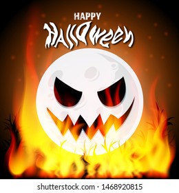 Happy Halloween vector illustration with scary smiling moon on orange night sky with spooky forest for poster, banner, holiday sales, celebration invitation, horror background, flame and fire, evil