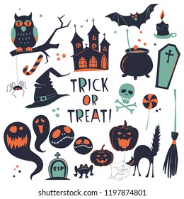 Happy Halloween Vector illustration set of icons for greeting card pumpkin jack lantern, ghost, spider, bat, witch hat, cat, broom, cauldron, owl, castle. Flat silhouette style