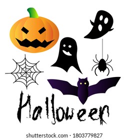 happy halloween vector illustration set with pumpkin (jack o lantern), ghost, spider, spider web, bat and lettering 