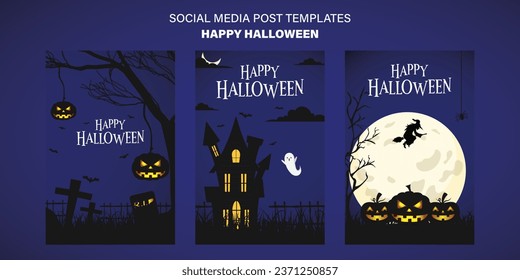 Happy halloween vector illustration set halloween social media post horror background pumpin flying bat dark haunted halloween house