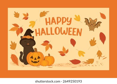 Happy Halloween vector illustration with smiling black cat in witch hat and pumpkin, flying bat, and falling yellow autumn leaves. Fun and festive cartoon design perfect for seasonal decorations.