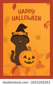 Happy Halloween vector illustration with smiling black cat in witch hat and pumpkin, falling yellow autumn leaves. Fun festive design perfect for seasonal decorations. Vertical greeting card
