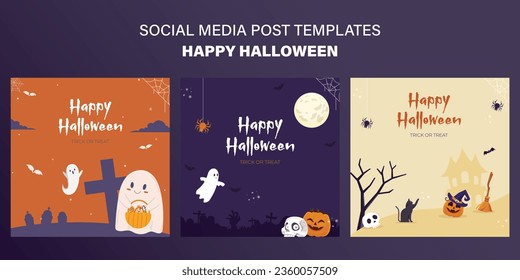 Happy Halloween vector illustration social media post set of three pumpkin bat