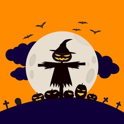 Happy Halloween Vector Illustration, Spooky Shadow Scarecrow And Halloween Pumpkin At Graveyard With Full Moon On Orange Background, Black Bats Flying On Sky, Autumn Holiday Celebration.