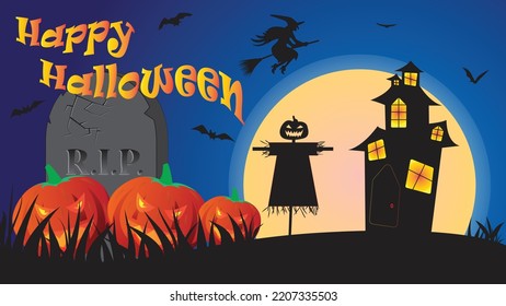 Happy halloween vector illustration with spooky scarecrow, bats, scary witch, house, pumpkins and grave