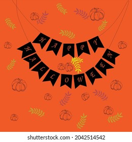 Fröhliche Halloween-Vektorgrafik. Text mit Blättern und Pupkins