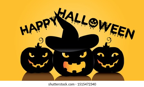 Happy halloween vector illustration. Three black punpkins on orange background.