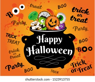 Happy Halloween  vector illustration. Traditional elements, texts and realistic sweets for greeting card, invitations, poster, web banner, flyer design.