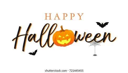 Happy Halloween vector illustration. Typography with Halloween pumpkin and bats, greeting card.