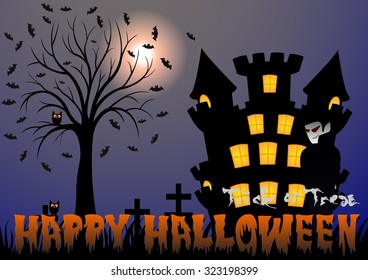 Happy Halloween vector illustration with vampire, bat, castle, tree and cemetery