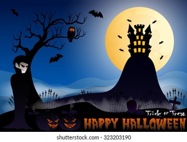 Happy Halloween vector illustration with vampire, pumpkin, bat, castle, tree and cemetery