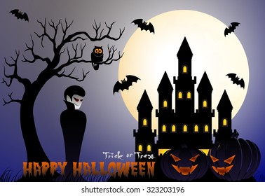 Happy Halloween vector illustration with vampire, pumpkin, bat, castle, tree and cemetery