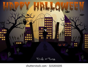 Happy Halloween vector illustration with vampire, pumpkin, bat, castle, tree and cemetery