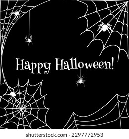 Happy Halloween. Vector illustration with web and spider on a black background. Trick or treat.