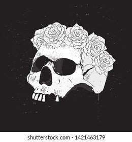 Happy Halloween Vector Illustration with White Abstract Human Skull with Wreath of Roses. Hand Drawn Skeleton Head Isolated on a Black Grunge Background. Skull for Halloween Card, Poster, Decoration.