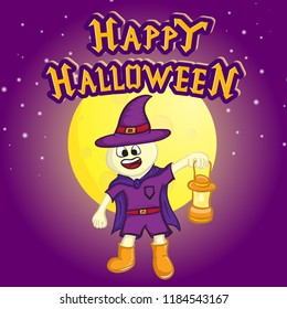 Happy Halloween vector illustration, witch kid costume with moonlight background