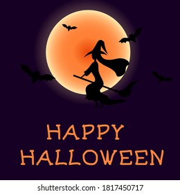 
Happy Halloween. Vector illustration. Witch on a broomstick, bats. Congratulatory signature.