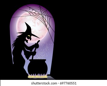 A Happy Halloween vector illustration with a witch preparing a secret elixir. 