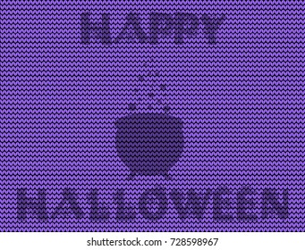 Happy halloween vector illustration of witch boiling  cauldron  silhouette on violet  knitted background with Happy Halloween text.
