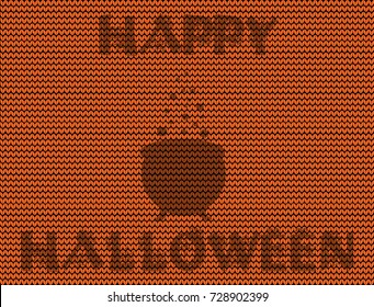 Happy halloween vector illustration of witch boiling  cauldron  silhouette on orange knitted background with Happy Halloween text.
