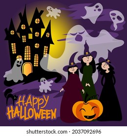 Happy Halloween. Vector illustration with witches, castle, pumpkin and ghosts on a night background.