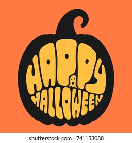 Happy halloween. Vector illustration yellow contour letters - hand drawn circle Halloween lettering on black pumpkin silhouette isolated on orange background for your holiday design.