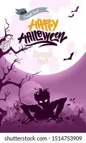 Happy Halloween vector illustration with zombie getting out from tomb. Halloween night poster with scary zombie, cemetery, moon, tree, bats.