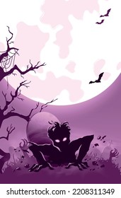 Happy Halloween vector illustration with zombie getting out from tomb. Halloween night poster with scary zombie, cemetery, moon, tree, bats.