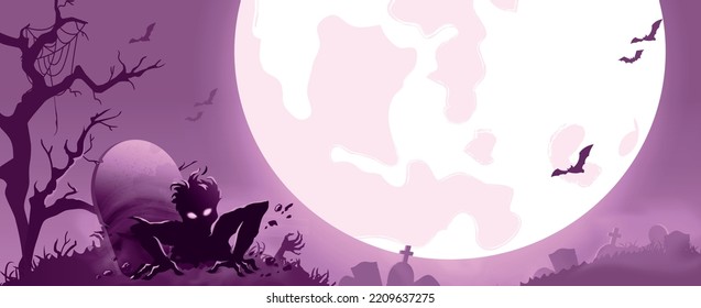 Happy Halloween vector illustration with zombie getting out from tomb. Halloween night poster with scary zombie, cemetery, moon, tree, bats.