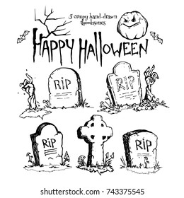 Happy halloween. Vector illustration(poster) of 5 creepy hand-drawn tumbstones. EPS 10. Isolated object.