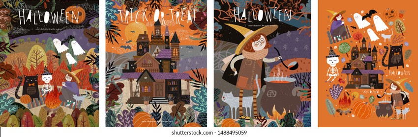 Happy Halloween! Vector illustrations picnic and characters: ghosts  witch   skeleton; castle in the forest; witch cooking potion   set objects  Cute pictures for poster  background