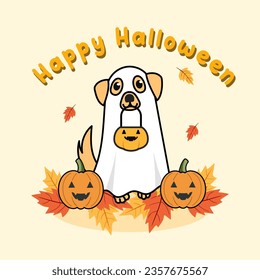 Happy Halloween vector Illustrations and template with a cute ghost dog, and pumpkin isolated on the Background.