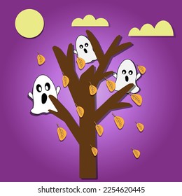 Happy Halloween. Vector illustration.Yellow moon on a purple background. white cute ghosts. 