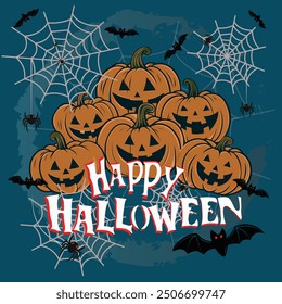 Happy Halloween vector image of 6 pumpkins with spider web and bat background