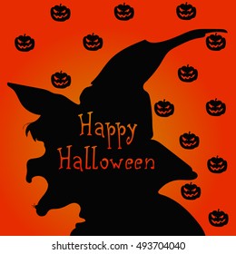 Happy Halloween. Vector image of the profile of a witch on an orange background with the pumpkins.