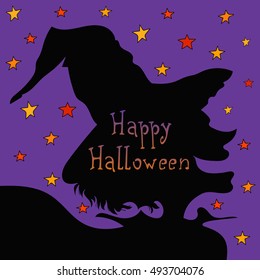 Happy Halloween. Vector image of the profile of a witch on a purple background with stars.
