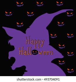 Happy Halloween. Vector Image Profile purple witch on a black background with muzzles.