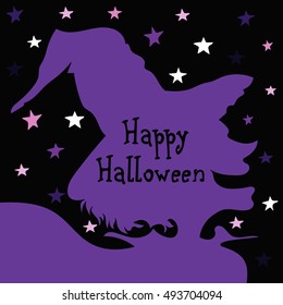 Happy Halloween. Vector Image Profile purple witch on a black background with stars.