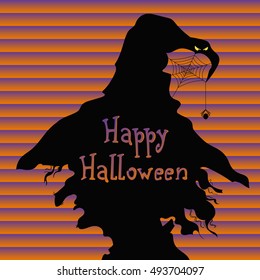 Happy Halloween. Vector image of the profile of a witch on a striped purple background.