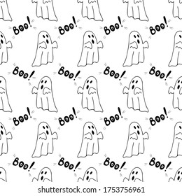 Happy Halloween. Vector image. Seamless pattern with ghosts. Outline black-and-white drawing by hand. Print for wrapping paper, packaging.