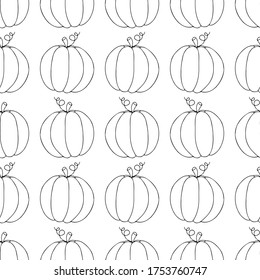 Happy Halloween. Vector image. Seamless pattern with pumpkins. Outline black-and-white drawing by hand. Print for wrapping paper, packaging.